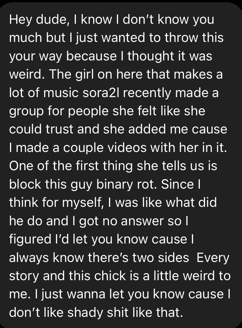 DM screenshot describing how Sora2L created a trusted group and immediately instructed members to block a specific critic