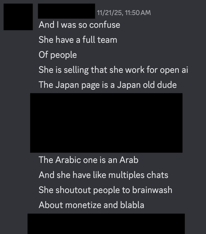 DM messages revealing Sora2L claims to work for OpenAI and has a team of people running regional alt accounts